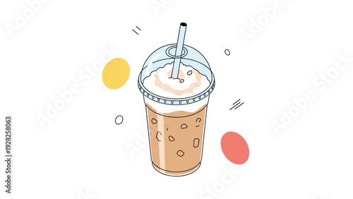 Isometric iced coffee or milkshake in a plastic takeaway cup with a domed lid, straw, and whipped cream on top with abstract shapes.