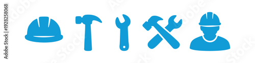 Set of blue flat icons for construction and maintenance work, featuring a hard hat, tools, and worker silhouette on a clean white background.