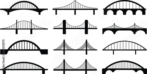 Bridge silhouettes, architectural icons, civil engineering structures, arch bridge, suspension bridge, cable-stayed design, beam bridge vector, construction illustration set