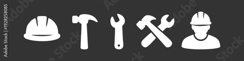 Set of minimalist construction and repair icons including a hard hat, hammer, wrench, and worker, isolated on a dark background.