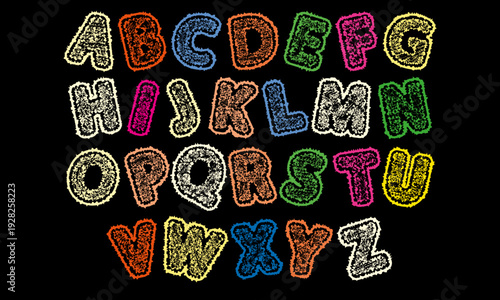 Multicolored English alphabet letters with varying textures and outer outlines. Faux terry embroidery on dark fabric. Vector set
