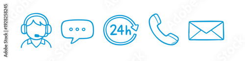 Blue hand-drawn customer service icons set with agent, chat, 24h support, phone, and email on white background.