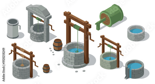 set of isometric old stone wells wooden bucket and barrels hand drawn illustration for game design