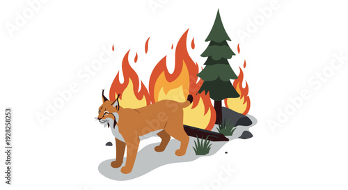 wild lynx standing near burning forest fire with pine tree and rocks in flat style