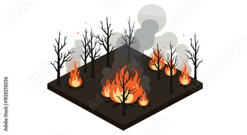 isometric forest fire illustration with burning trees and smoke in flat style