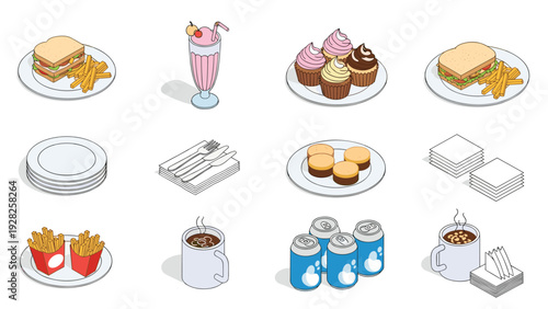 Comprehensive set of isometric food icons including sandwiches, fries, cupcakes, coffee, soda cans, and napkins on a white background.