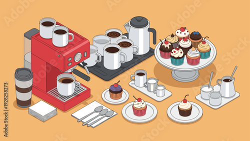 Charming isometric coffee bar setup with a red espresso machine, many white mugs, a variety of colorful cupcakes, and creamers.