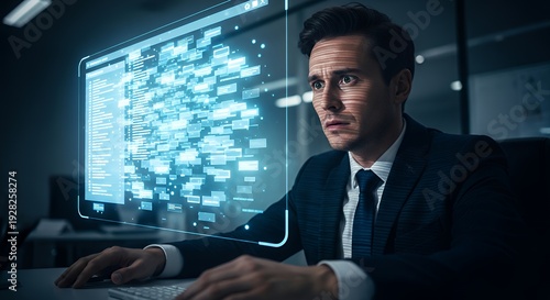 Corporate worker staring at overflowing inbox projected in air anxious expression dim office interior dramatic shadows conceptual digital stress image