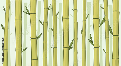 Cartoon seamless light green bamboo stalks pattern with leaves for natural texture background