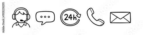 Set of hand-drawn customer service icons featuring a support agent, chat bubble, 24h symbol, telephone, and email on white background.