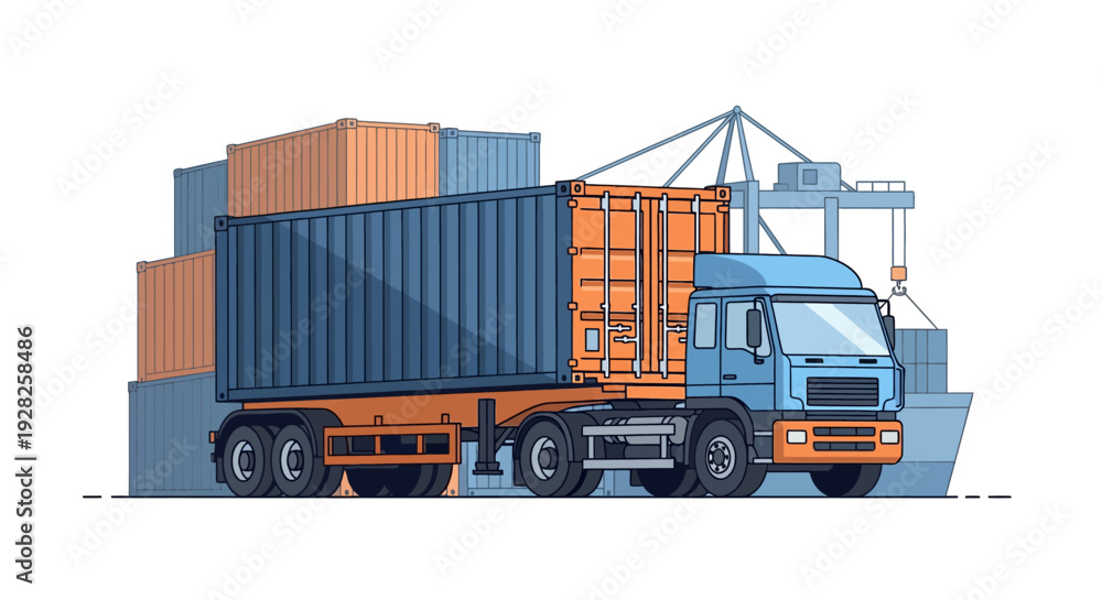 Naklejka premium Illustrative depiction of a heavy-duty container truck transporting freight through a busy port, symbolizing global logistics and efficient cargo delivery services