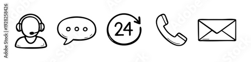 Set of hand-drawn customer service icons including support agent, chat bubble, 24/7 service, phone, and email. Minimalist black line art on white.