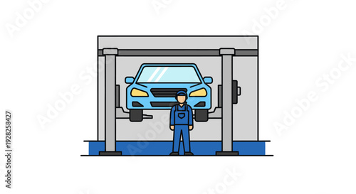 Skilled automotive technician standing in a professional garage bay with a car elevated on a hydraulic lift, ready for essential vehicle maintenance