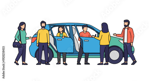 Group of people getting into a car for travel and commuting