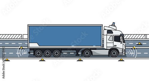 Long haul freight truck equipped with intelligent sensors navigating a modern smart highway system for efficient logistics