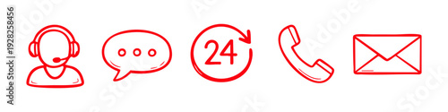 Red hand-drawn customer service icon set including support agent, chat, 24-hour service, phone, and email on a white background.