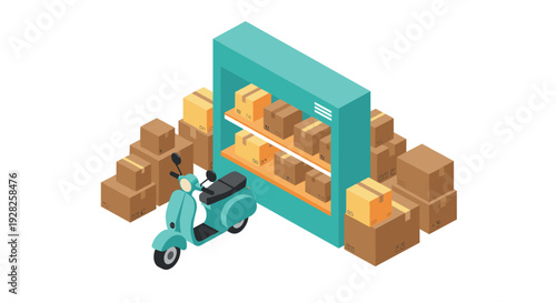 isometric delivery scooter with shelves and stacked cardboard boxes in flat style for logistics and shipping