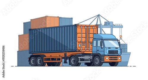 Illustrative depiction of a heavy-duty container truck transporting freight through a busy port, symbolizing global logistics and efficient cargo delivery services
