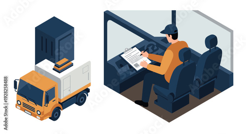 isometric janitor truck with a large vacuum unit and worker inside writing on clipboard modern vector illustration