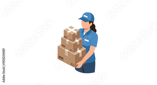 female delivery worker holding stacked cardboard boxes in uniform hand drawn illustration