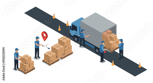 isometric delivery truck loading and logistics team with cardboard boxes and location pin hand drawn illustration for shipping and delivery concept