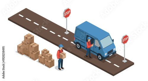 isometric delivery workers loading packages into blue van with stop sign on road illustration