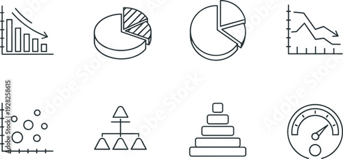 Data Analysis and Business Statistics Icons Set with Charts Pie Graph Scatter Plot and Performance Gauge