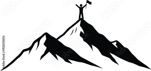 Business success mountain peak silhouette with man holding flag on top vector illustration for goal achievement and motivation concepts