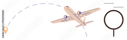 Travel planning, navigation tools, tourism, global exploration, logistics, air travel. Airplane along dotted flight path with destination marker and magnifying glass. Travel planning and navigation