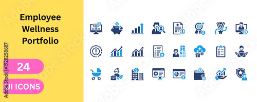 Financial employee wellness and business health icons. Piggy bank savings, target, performance award, payroll, wallet, success, company, growth