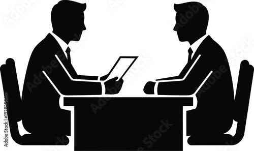 Business interview silhouette illustration of two professionals discussing at office desk