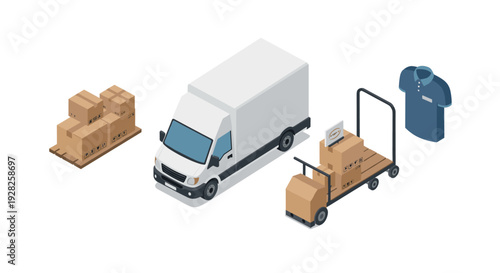 isometric delivery truck with cardboard boxes pallet and hand truck with parcel in flat design for logistics and shipping