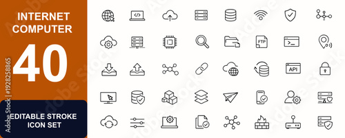 Internet computer web icons in line style. Network infrastructure, cloud computing, server system, data storage, database platform, online services. Editable stroke. Vector illustration.