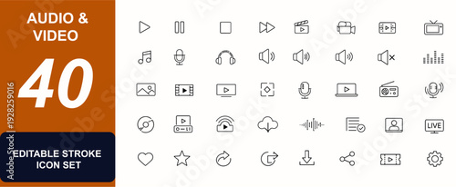 Audio and Video web icons in line style. Multimedia interface, media playback, speaker controls, cinema sound, music player, digital streaming set. Editable stroke. Vector illustration.
