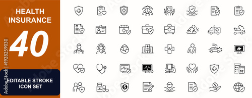 Health insurance web icons in line style. Medical coverage, accident protection, doctor consultation, patient care, diagnostic service set. Editable stroke. Vector illustration.
