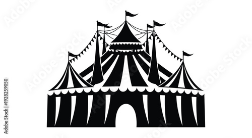 Black tent with flags atop a striking circus scene silhouette