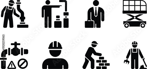 Construction and business icons, jackhammer, laboratory, chemist, briefcase, scissor lift, plumbing valve, hard hat, masonry, wrench, hammer, industry, engineering, work
