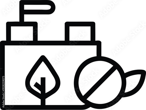 Outline icon of a building block or container next to a forbidden leaf or harmful pill symbol