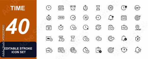 Time and Clock web icons in line style. Countdown timer, calendar date, alarm clock, stopwatch tool, deadline time, business schedule set. Editable stroke. Vector illustration.