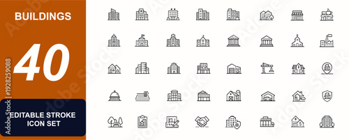 Building web icons in line style. City buildings, hospital, hotel, apartment, shopping mall, coffee shop, townhouse, urban architecture, estate set. Editable stroke. Vector illustration.