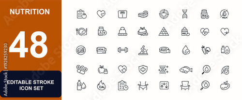 Nutrition web icon set in line style. Diet planning, healthy nutrition, weight loss, obesity control, palm oil free, food wellness, vitamin balance set. Editable stroke. Vector illustration.