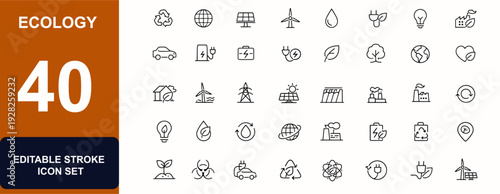 Ecology and Energy web icons in line style. Renewable power, green technology, electric car, clean energy, ecology, sustainability set. Editable stroke. Vector illustration.