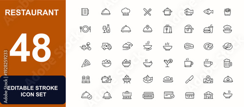 Restaurant web icons in line style. Menu, dining, chef, kitchen, meal service, seafood, takeaway, fast food icons set. Editable stroke. Vector illustration.