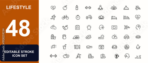 Lifestyle web icon set in line style. Healthy living, wellness care, diet food, fitness exercise, sleep balance, healthcare, nutrition, gym activity set. Editable stroke. Vector illustration.