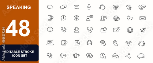 Speaking web icon in line style. Communication, chat support, speech bubble, phone call, customer service, messaging, contact info, globe network, talking point set. Editable. Vector illustration.