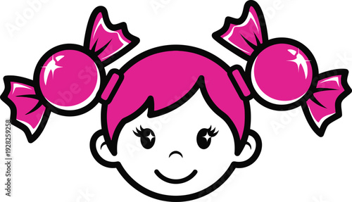 Cute cartoon girl with pink candy puffs in her hair smiling