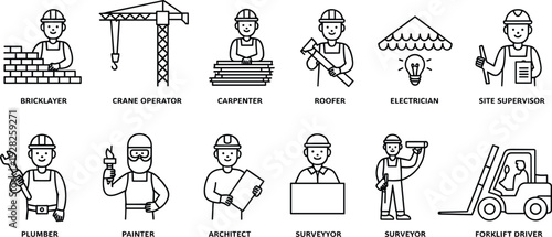 Construction profession icons, bricklayer, crane operator, carpenter, roofer, electrician, supervisor, plumber, painter, architect, surveyor, forklift driver, industry roles