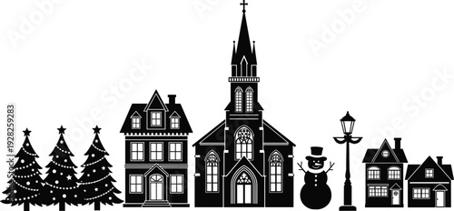 Christmas town silhouette with church houses decorated trees and snowman horizontal winter village border vector illustration isolated on white background