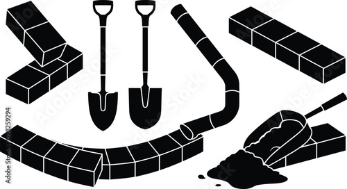Construction tools illustration, bricks, shovels, trowel, mortar, cement, pipe, masonry work, building materials, infrastructure, labor, industry, site, equipment