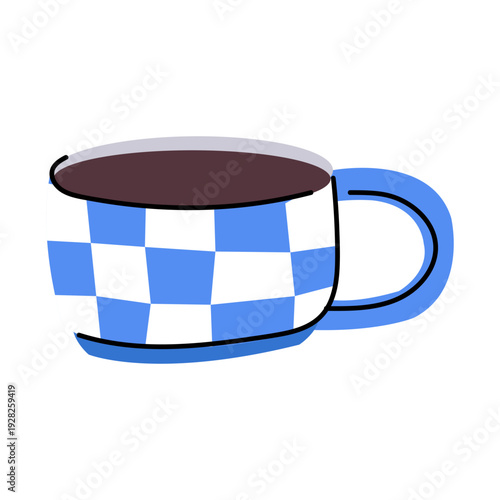 Cute illustration with checkered coffee mug. Crooked ceramic cup